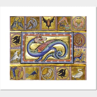 MEDIEVAL BESTIARY,SCITALIS LEGENDARY SERPENT, FANTASTIC ANIMALS IN GOLD RED BLUE COLORS Posters and Art